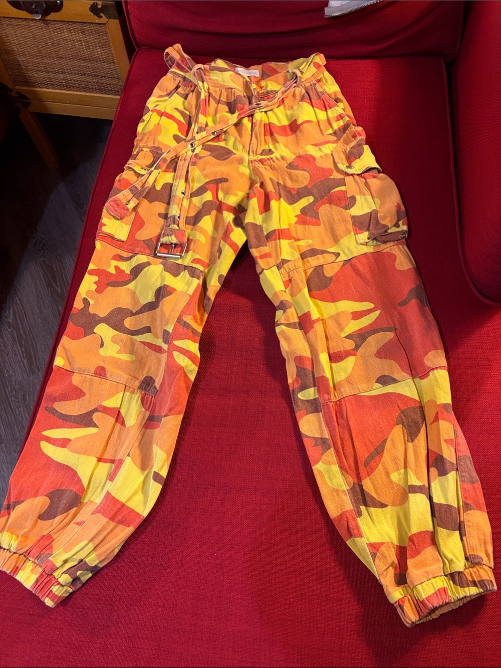 Orange, Yellow and Brown Camo Cargo Belted Pants
